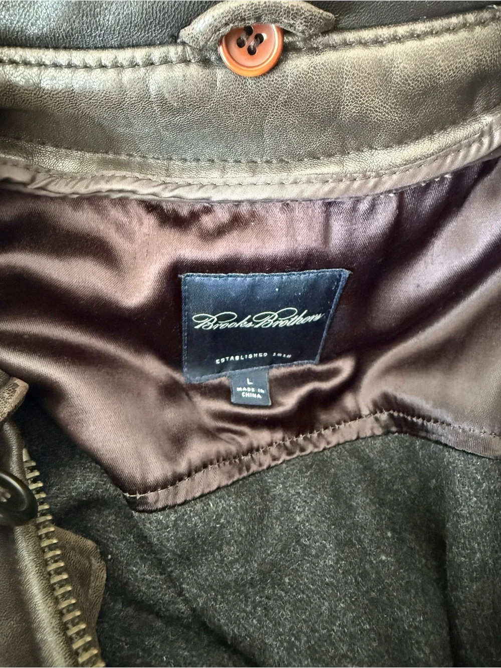 Brooks Brothers Leather Car CoatJacket Men's L Brown Zip Up Wool Lined